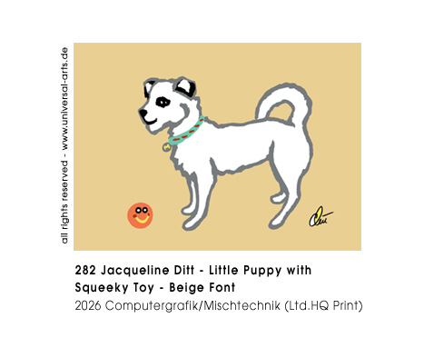 Jacqueline Ditt - Little Puppy with Squeeky Toy - Beige  Font (Kleine Welpin mit Quietschespielzeug - Beiger Hintergrund)